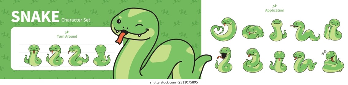 Conjunto de ilustraciones de personajes de serpiente linda. Cambio de personaje y 10 movimientos.