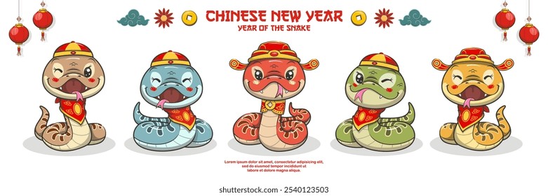 Conjunto De Lindo Serpiente Año Nuevo Chino, Año Del Anuncio De La Serpiente Con Lindo Anuncio Del Zodiaco. Ilustración de dibujos animados.