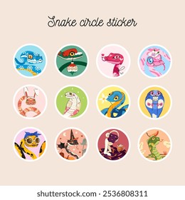 Set of cute snake circle sticker. Collection of funny fantasy animal character illustration isolated on beige background. Perfect as icons for holidays, highlight covers, books