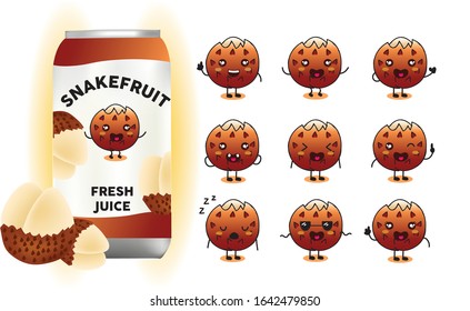 Set of cute snake fruit designs and realistic snake fruit with aluminium cans packaging mockup vector