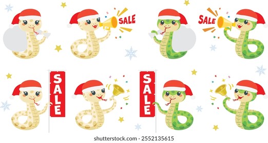 Set of Cute snake with santa claus hat. Year of the Serpent of Chinese zodiac sign.