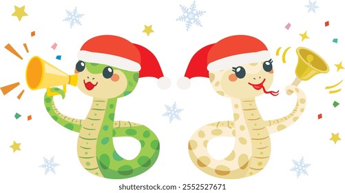 Set of Cute snake with santa claus hat. Year of the Serpent of Chinese zodiac sign.