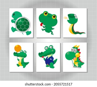 set of cute snake, turtle, dinosaur, frog and crocodile vector designs. cartoon animal illustration