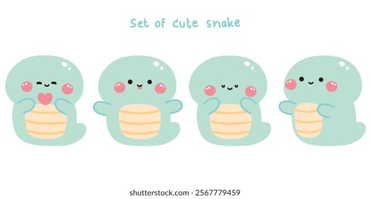 Set of cute snake in various poses pastel.Chinese zodiac 2025.Reptile animal character cartoon design.Baby graphic.Kawaii.Vector.Illustration.