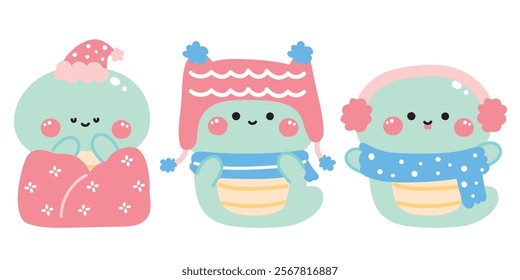 Set of cute snake in various poses winter concept.Chinese zodiac 2025.New year.Reptile animal character cartoon.Kawaii.Vector.Illustration.