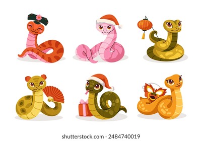 Set of cute snakes. Adorable kawaii reptile with Santa hat and traditional Chinese accessories. Chinese 2025 New Year symbol. Cartoon vector illustration collection isolated on white background