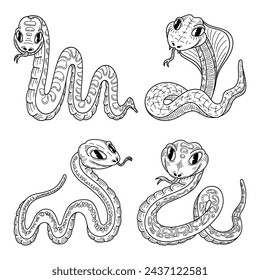 Set cute snakes sketch. Hand drawn line art illustration.