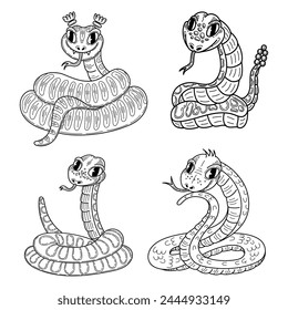Set cute snakes sketch. Hand drawn line art illustration.