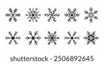 Set of cute snowflake icons on isolated white background New Year ornament Symbols for mobile apps and website design. Flat snowflake icons, silhouette. 