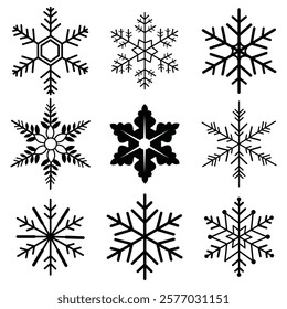 Set of cute snowflake icons on isolated background New Year ornament Symbols for mobile apps and website design. Flat snowflake icons, silhouette.