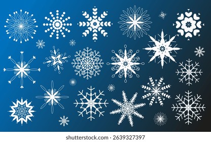 Set of cute snowflake icons on isolated background New Year ornament Symbols for mobile apps and website design. Flat snowflake icons, silhouette.
