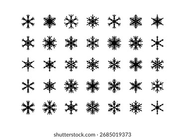Set of cute snowflake icons on isolated background New Year ornament Symbols for mobile apps and website design. Flat snowflake icons, silhouette.