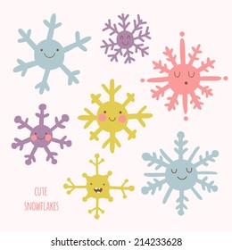 Set of cute snowflakes in cartoon style. Adorable snow flakes smiley characters. Funny christmas doodles.