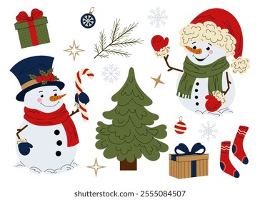 Set cute snowman with candy cane, with a Christmas tree, gifts and decorations. Christmas character for cards, posters, prints. Flat illustration on white background.