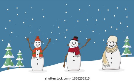 Set of cute snowman cartoon character vector in snowflakes background. Winter seasonal concept element