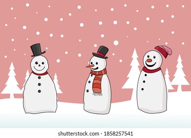 set of cute snowman cartoon character vector illustration in snowflakes background. winter seasonal concept element