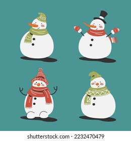 Set of cute snowman cartoon character isolated on blue background flat vector illustration cute cartoon element for Christmas decoration. Holiday concept. Merry Christmas and Happy new year.