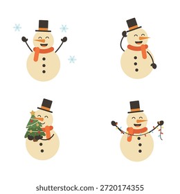 Conjunto de lindos personajes de muñeco de nieve con árbol de Navidad y luces festivas. Muñeco de nieve feliz jugando con copos de nieve y celebrando vacaciones de invierno. Ilustración vectorial para la tarjeta de felicitación de Navidad.