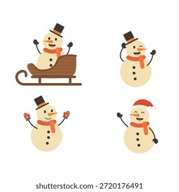 Set of Cute Snowman Characters with Christmas Sleigh and Santa Hat. Happy Snowman Wearing Red Mittens and Waving in Various Poses. Winter Holiday Vector Illustration for Christmas.
