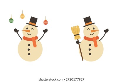 Set of Cute Snowman Characters with Christmas Ornaments and Holding a Broom. Happy Snowman Winking and Waving in Various Poses. Winter Holiday Vector Illustration for Kids.
