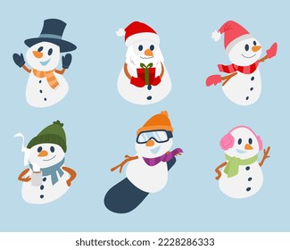 set of cute snowman characters with different styles, and activities. concept of winter, christmas, etc. for sticker, print, template, greeting card, etc. cartoon vector illustration