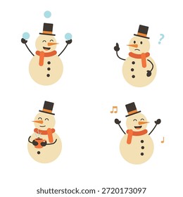 Set süßer Schneemann-Figuren, die mit Schneebällen jonglieren und heißen Kaffee trinken. Lustige Schneemann Emotionen mit Denken und Singen Posen. Weihnachts- und Winterferien-Vektorgrafik.