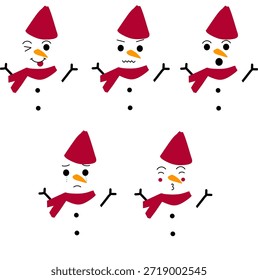 Conjunto de lindos personajes de muñeco de nieve con varias expresiones faciales y bufandas rojas para el diseño de Festiva de invierno