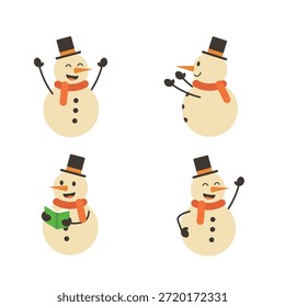 Set of Cute Snowman Characters in Various Poses for Christmas Celebration. Happy Snowman Wearing Hat and Scarf Reading Book and Waving. Winter Holiday Vector Illustration.
