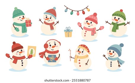 Set of cute snowman characters. Vector illustration in cartoon style.