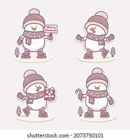Set of cute snowman christmas charactes ice skating. Kawaii cartoon vector