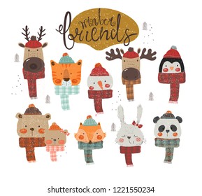 Set of cute snowman deer, elk, fox, penguin, tiger, bear, bunny and panda