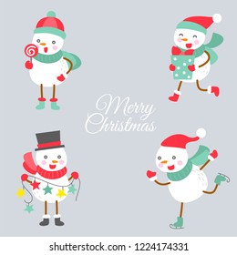 set of cute snowman doodle illustration in flat design.