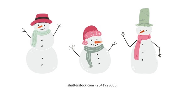 A set of cute snowman drawn in flat style. Winter, holidays, snow. Hand drawn vector illustration.