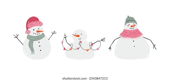 A set of cute snowman drawn in flat style. Winter, holidays, snow. Hand drawn vector illustration.