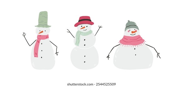 A set of cute snowman drawn in flat style. Winter, holidays, snow. Hand drawn vector illustration.