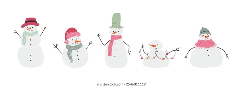 A set of cute snowman drawn in flat style. Winter, holidays, snow. Hand drawn vector illustration.