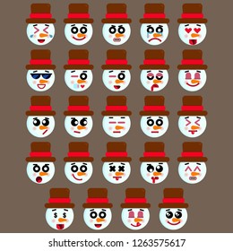 Set of Cute Snowman emoji, icons with different expressions of emotions. Snowman Emoji, face of Snowman with different expressions of emotions. 
Vector illustration.Christmas emoji collection.