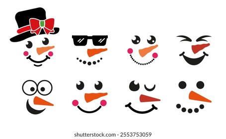 Set of cute snowman face designs for winter holidays. Funny Christmas element for kids. Isolated vector illustration in flat style