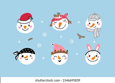 Set of Cute Snowman Faces. Cartoon Funny Doodle Snowman Heads Vector Collection. Winter Holidays, Christmas and New Year Design