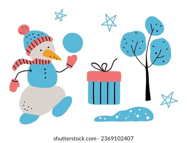 Set of cute snowman, gift box and tree with snow hand drawn flat vector illustration. Merry Christmas holiday decor. Doodle collection childish desingn elements for greeting card making.