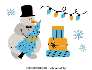 Set of cute snowman, gift boxes, Christmas tree and lights. Hand drawn flat vector illustration. Winter holiday decor. Doodle collection childish design elements for greeting card making.