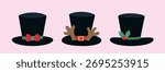 Set of Cute Snowman Hats Flat Vector Illustration.
Clipart Design of Christmas Black Top Hat Decorated With Holly, Antler, and Bow.
