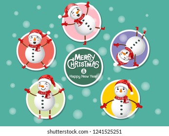 Set Cute Snowman icon on colorful background. Merry Christmas and happy new year. Gift and decorative element on holiday. Vector cartoon Illustration.