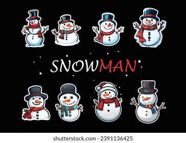 Set of cute snowman, snowman with magic hat, snowman with red and blue scarf, snowman with black hat, Ready to use for winter Holidays