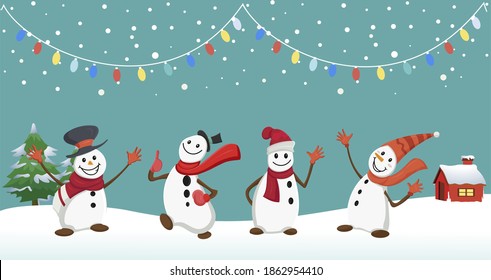 Set of cute snowman and snowmen cartoon character banner for winter greeting and winter holidays concept. Winter seasonal symbol