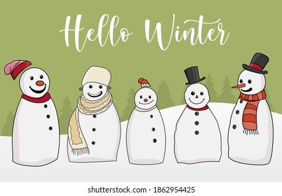 Set of cute snowman and snowmen cartoon character banner for winter greeting and winter holidays concept. Winter seasonal symbol