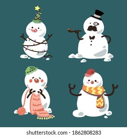 Set of cute snowmans cartoon character flat vector illustration isolated on background. Merry Christmas and Happy New Year. Papa Mama and children snowman. Snowman family.	