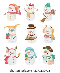 Set of cute snowmen in cartoon style. Childrens illustrations.