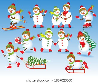 Set of cute snowmen. Cheerful snowmen in motion. A snowman on skis, on skates, with a gift, on a sled, with a Christmas tree, snowmen are holding hands. Christmas vector illustration.