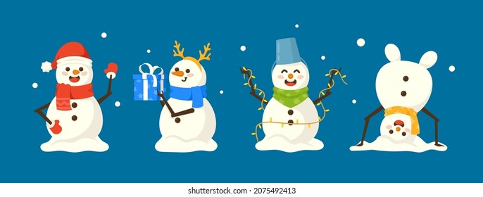 Set of Cute Snowmen Christmas Playful Characters Headstand, Waving Hand, Holding Garland and Gift Box. Snow Men Wear Santa Hat, Deer Horns and Bucket. Happy New Year, Merry Xmas. Cartoon Vector Icons